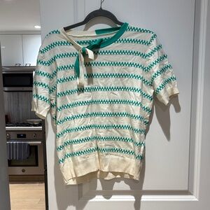 J. Crew Cream and Green Striped Short Sleeve Top